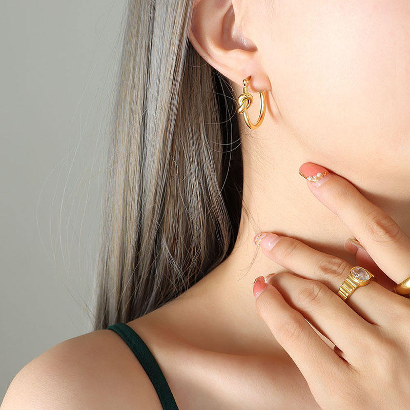 18K Gold Plated Chunky Knot Hoop Earrings Stainless